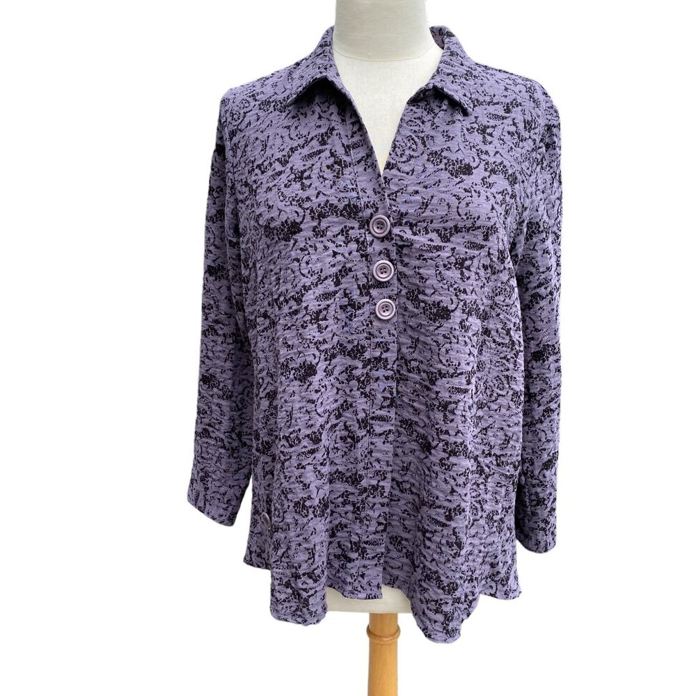 Habitat Button Down Abstract Top Purple Whimsigoth Crinkle Lagenlook Artsy-S